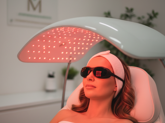 A client undergoes a red light therapy facial, a non-invasive anti-aging treatment using an LED light panel to boost collagen.
