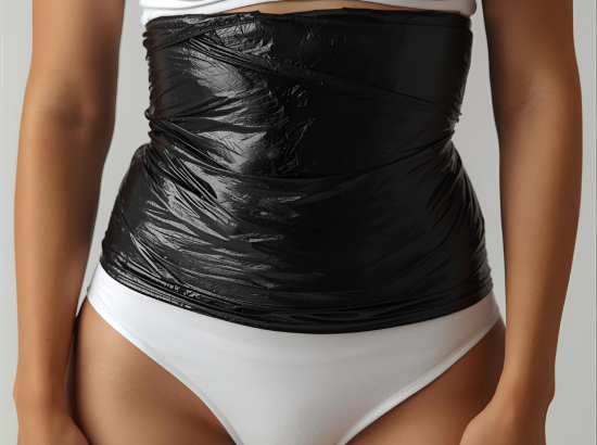 A woman relaxes at a spa, wrapped in a hot slimming wrap designed to enhance skin tone and promote detoxification.